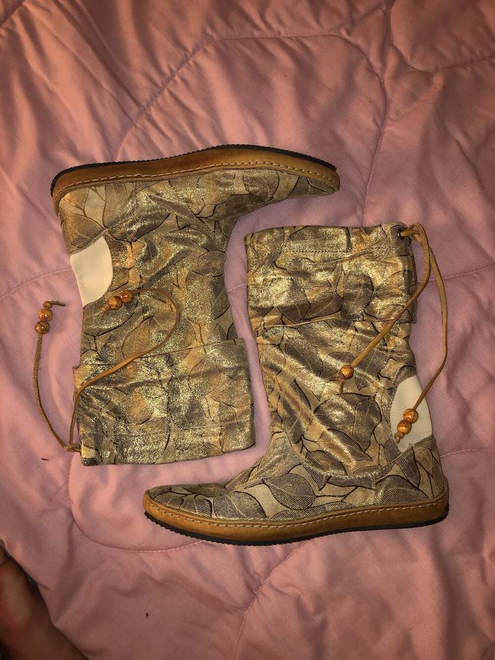 El Naturalista Marion Gold Leaf Pattern Leather Foldover Boots